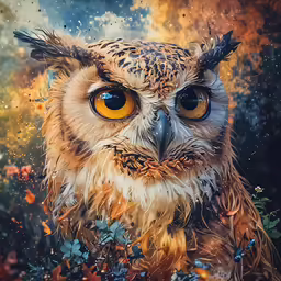 an owl is posing for a photo in front of leaves and flowers