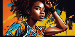 a woman with curly hair wearing an orange and blue shirt,a black woman is standing near the wall with her head in her hand