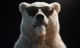 a large white bear wearing glasses and a wet tongue