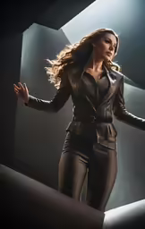 a woman with dark hair wearing a brown suit