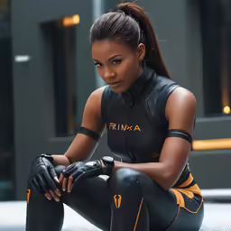 woman in black sports suit sitting down on the ground