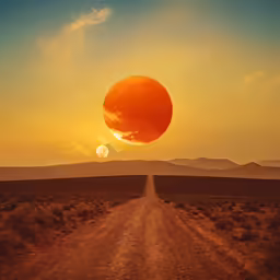 an orange ball is in the sky and it has a white line across the middle of it