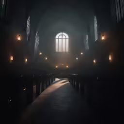 the dark hallway leading to the lit windows at the end of the church