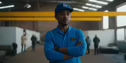 a man is standing in a warehouse with his arms crossed