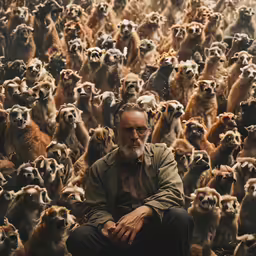 man sitting in front of many animals and looking at the camera