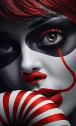 a woman is painted in white and red with stripes