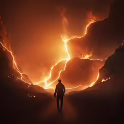 a person walking through the dark path of lava
