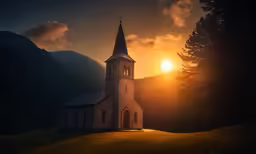 a church steeple with a setting sun over it