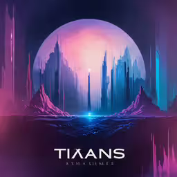 the poster for titans, a sci - themed adventure,a sci - fil - futuristic city scene with a purple hue
