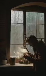 a man standing in front of a window holding a cup