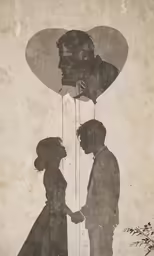 an old photograph of two people holding balloons