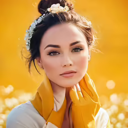 woman in yellow scarf and white dress with flower in her hair