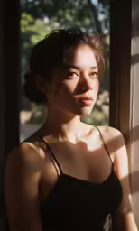 a young asian girl looking out the window