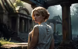 a woman stands in front of an archway with a light shining on her face