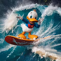 an animated duck surfing in the ocean on the water