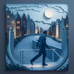 an image of a man walking down some stairs