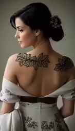 a woman in white and black dress has black ink on her back