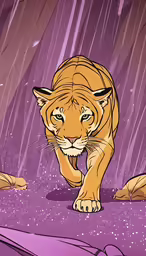 a tiger walking in the rain surrounded by rocks