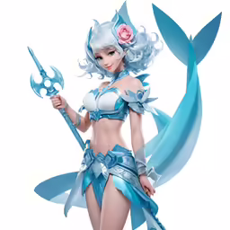 a girl is posing with a blue sword