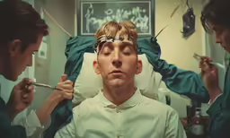 an adult male with eyes open is seen as he gets his hair cut