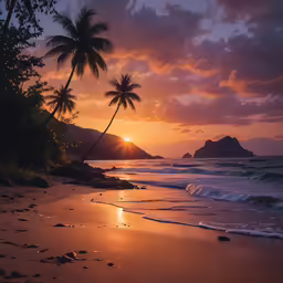 a sunset view looking out over the beach and palm trees