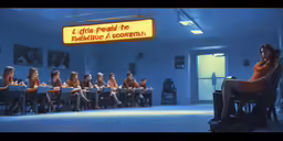 a scene with people sitting around table in a room