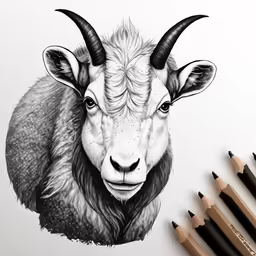 a sheep with two horns standing on a desk with many pencils