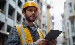 a man in a safety hat stands on the street holding an electronic device