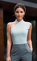 a woman in a short light blue dress poses for the camera
