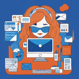 the graphic of an orange haired girl sitting at her computer,a woman is on her computer in front of a monitor