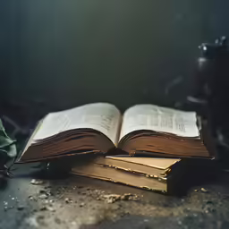 a pile of books on a table with an open book