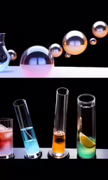 three drinks sit on a table with soap balls behind them