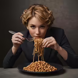 a woman eating spaghetti with meatballs on a plate