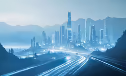 the city lights shine brightly behind the highway