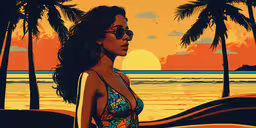 a painting of a girl on the beach with palm trees in the background,a woman stands on a beach in front of palm trees and the sun is setting