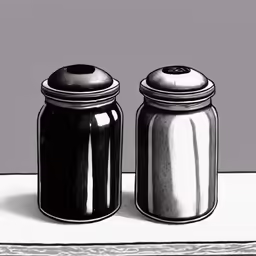 two black jars sitting next to each other on top of a white counter