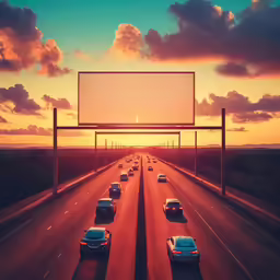 a billboard above a highway in the evening
