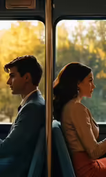 a young couple is looking out of the window