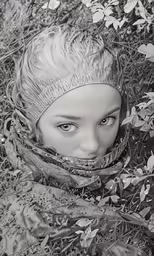 a woman wearing a scarf is seen in this vintage photo