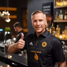 a male bartender giving the thumbs up sign in front of the bar