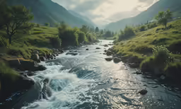 an impressional painting of a creek with mountains behind