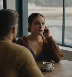 a man sitting at a table while talking on a phone