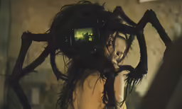 a woman is covering her face with large spider webs