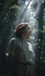 a woman with red hair stands in the woods