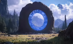 a large rock in the middle of a grass area