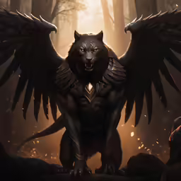 an artistic scene with a demon and large wings