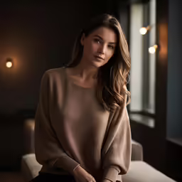 the woman is posing for the photo wearing a tan sweater