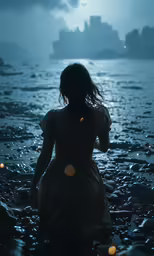 a dark - haired woman stands in the shore near the ocean