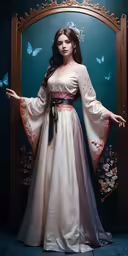 an asian woman in a gown with a butterfly on the back