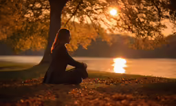 a person in a black jacket and a tree near water